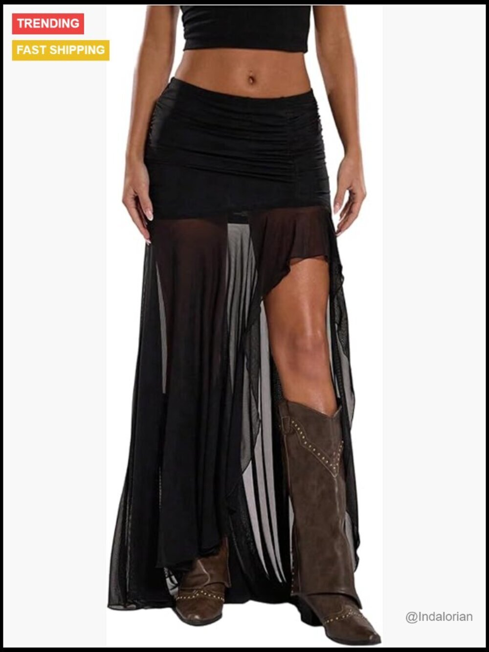Sheer Mesh Pleated Maxi Skirt Split Thigh Asymmetrical Bodycon
